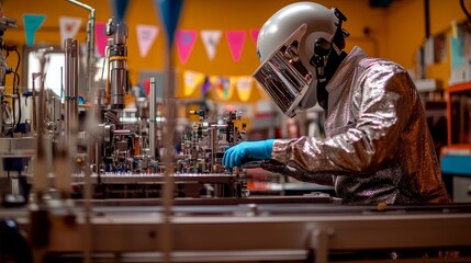 Obraz premium A scientist wearing a silver hazmat suit and blue gloves works in a laboratory setting
