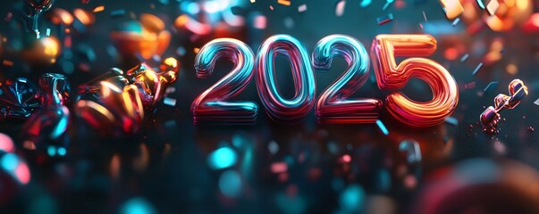 2025 shiny balloons floating with confetti celebrating new year