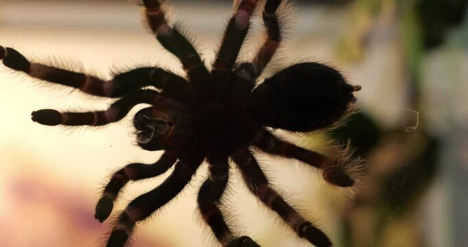 Close-up view of large tarantula crawling on smooth surface, focusing on intricate hairy legs and dark body, showcasing detailed textures and movements of arachnid anatomy in vibrant clarity