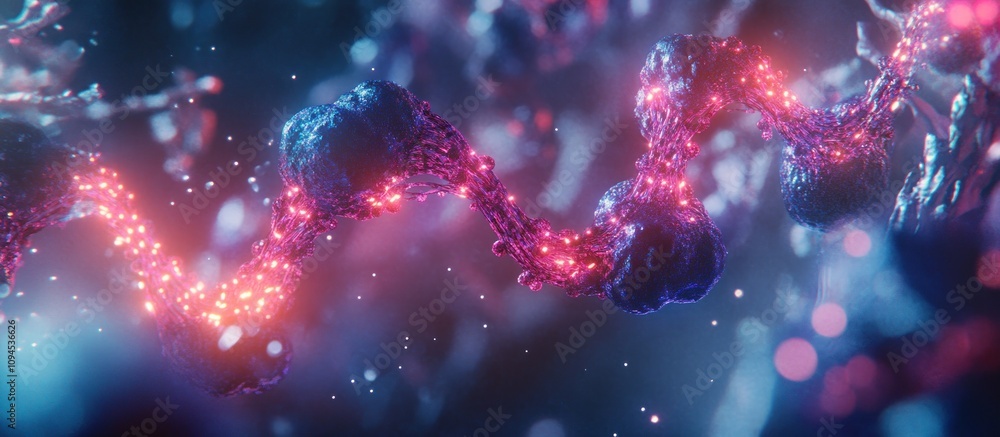 Aufkleber abstract 3d rendering of a dna-like structure with glowing red and blue particles.