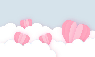 Happy Valentine's day  Beautiful paper cut white clouds with white heart frame on pink background. Vector illustration. Papercut style.