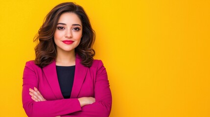 Confident Young Businesswoman Smiling Happily in Front of Yellow Backdrop