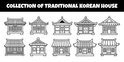 Korean traditional house outline vector illustration set