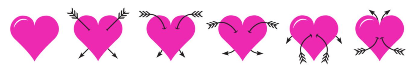 Abstract pink hearts and love heart set with arrow, love concept vector illustration. Romantic hearts design to use for valentines day, amour, wedding projects.