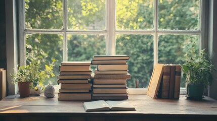 Fototapeta premium Stacked books on a rustic desk near an open window