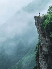 Professional close up photo of a hiker standing on a cliff overlooking a forest or mountain range