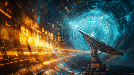 A satellite dish sends and receives radio waves.  The signal spreads out in a spiral pattern.