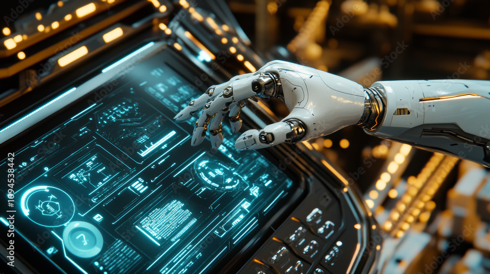 Aufkleber a robot finger pushes a button on a futuristic screen. this shows a new ai design.