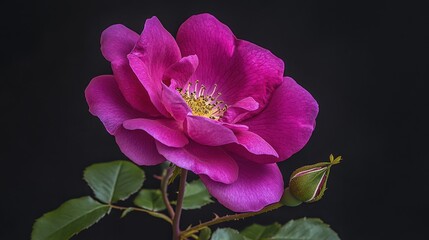 Fototapeta premium Close-up of a vibrant purple rose with delicate petals and a bud, set against a dark background accentuating its natural beauty and elegance.