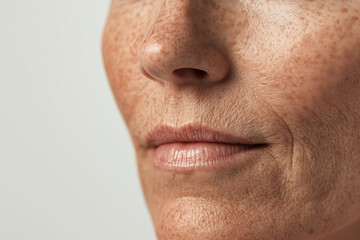 Obraz premium Close-up of a middle-aged woman’s face highlighting natural wrinkles, freckles, and radiant skin texture, ideal for skincare, wellness, or aging-related campaigns