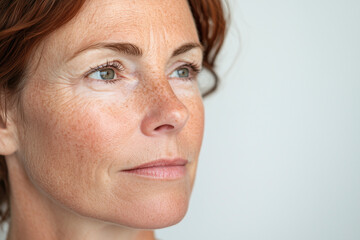 Fototapeta premium Elegant close-up of a middle-aged woman's face, showcasing natural beauty, fine wrinkles, and freckles, perfect for skincare, wellness, and aging-related campaigns.