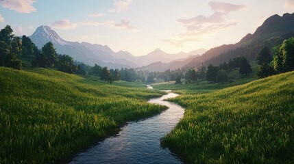 Fototapeta premium Scenic river flowing through green hills mountain landscape nature view