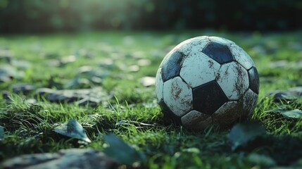 A weathered classic soccer ball lying on vibrant green grass, surrounded by fallen leaves, illuminated by soft natural light.