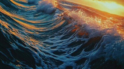 Dramatic sunset ocean wave displaying vibrant colors and energetic movement, capturing the beauty of nature in motion.