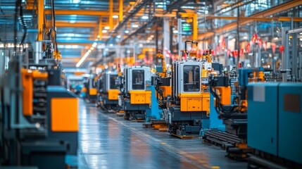 Industrial Assembly Line with Automated Machinery and Forklift