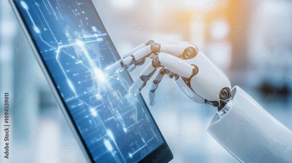 Poster ai-powered robots manage global business in a virtual world. this futuristic image shows them workin