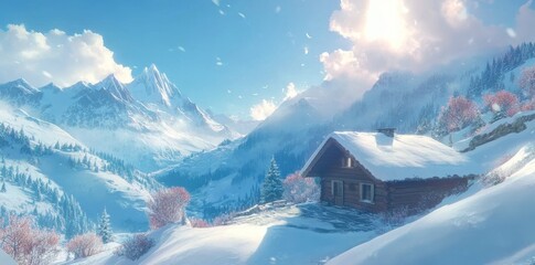 Fototapeta premium Skihütte in the Bergen, winter landscape panorama