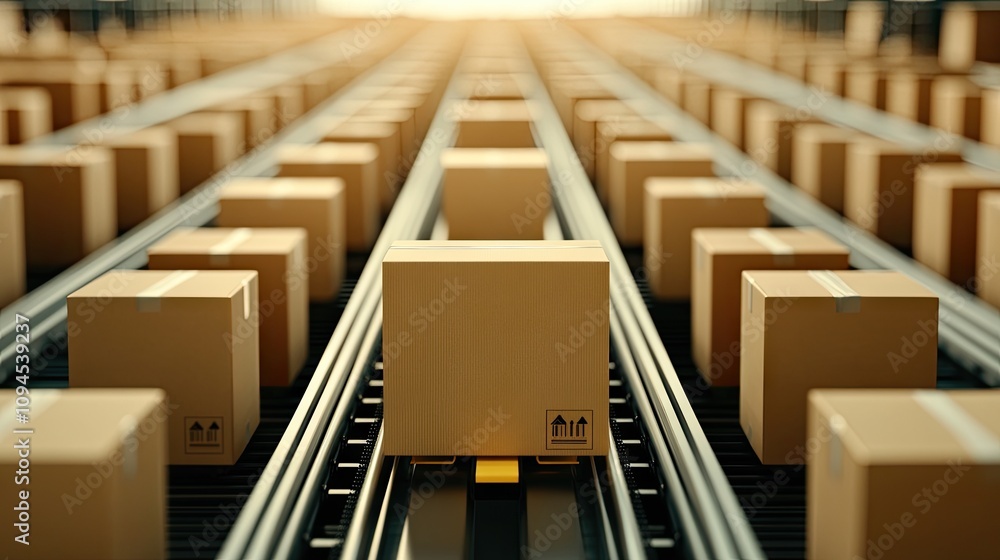 Poster efficient logistics in a bustling warehouse during daylight with conveyor system transporting packed