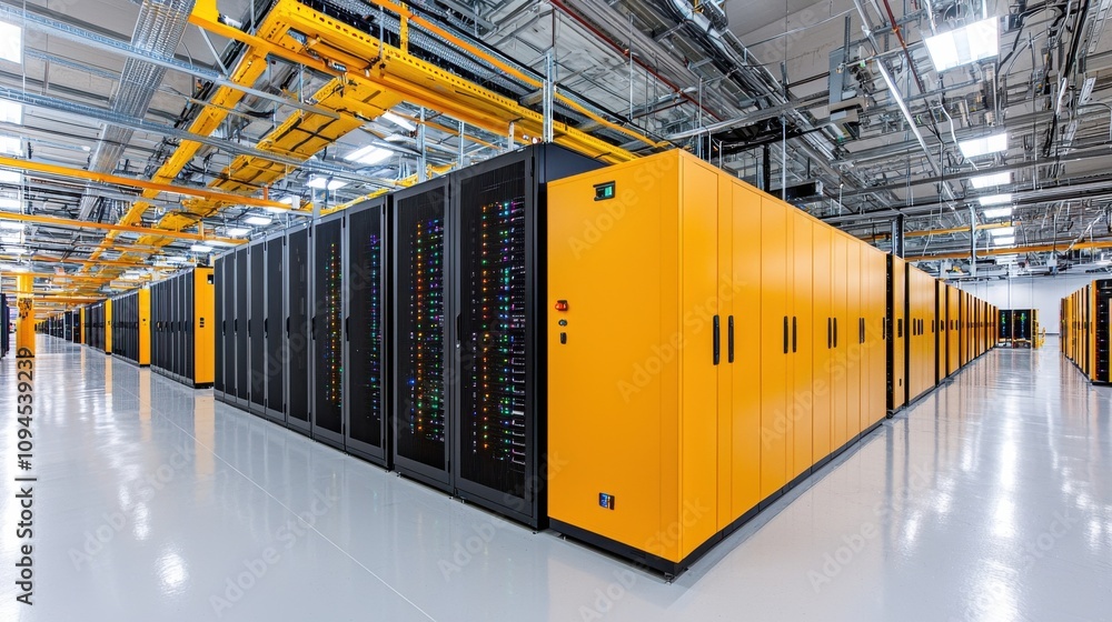 Poster rows of servers and data racks in a high tech data center for cloud computing and digital infrastruc