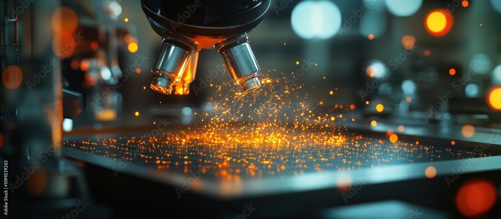Poster microscope objective lens releasing glowing particles onto a dark surface in a lab setting.