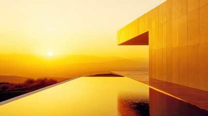 Infinity swimming pool on top of building during golden sunset