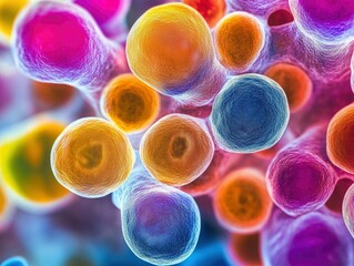 Microscopic view of colorful virus cells, biological science, vivid colors