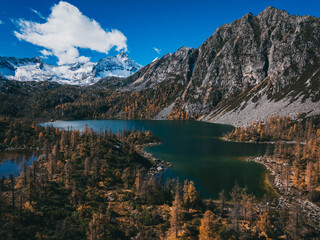 Aerial view of beautiful lake in autumn high altitude mountains landscape