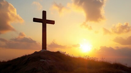 Silhouette of big wooden Christian cross on open field during sunset