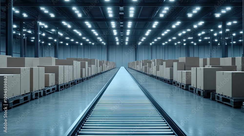 Poster efficient warehouse operations with rows of packaging on pallets and a conveyor belt in a vast stora