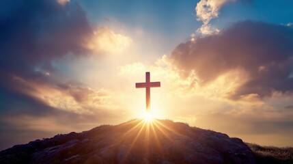 Obraz premium Sunlight shine through silhouette of big wooden Christian cross on open field during sunset