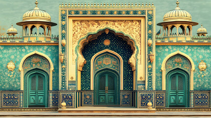 Obraz premium Ornate Turquoise Palace Entrance: A Detailed Illustration of Intricate Architectural Design with Golden Domes and Archways, Showcasing Rich Cultural Heritage.