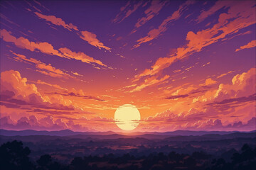 A vibrant sunset sky with a gradient of orange to deep purple. Wispy clouds glow golden, while larger ones in pink and purple add depth, in anime style