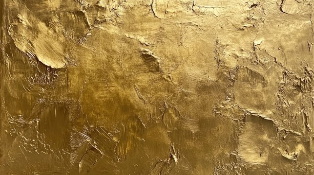 Close-up of an abstract gold painting showcasing rich oil brushstrokes and palette knife textures on a textured canvas surface.