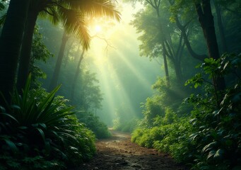 Fototapeta premium Sunlight filters through the lush trees of a tranquil forest pathway at dawn