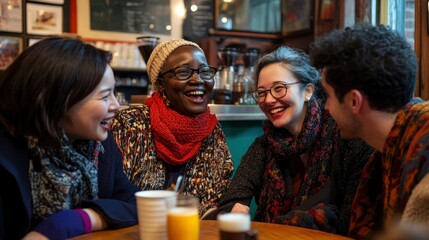 Group of friends of various ethnicities having fun at a coffee shop, concept of multicultural connection