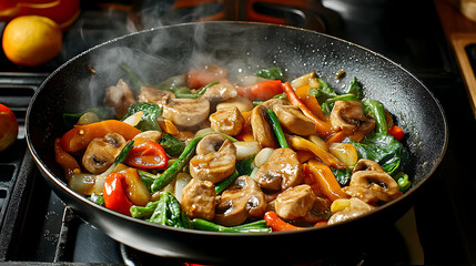 Steaming Mushroom and Vegetable Stir-Fry in a Wok, Delicious Asian Cuisine