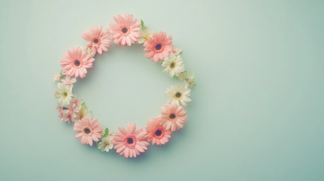 Round floral frame of pink and white daisies on a soft pastel green background, perfect for greeting cards or gifts with space for personalized text.