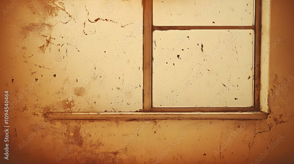 Poster distressed beige wall with a grungy window pane, rustic and weathered texture background image