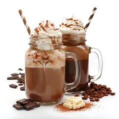 Two mugs of mocha coffee topped with whipped cream, chocolate shavings, and accompanied by coffee beans and chocolate pieces