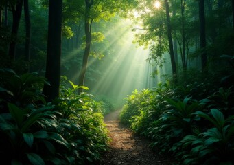 Obraz premium Lush forest path illuminated by sunlight filtering through trees at dawn