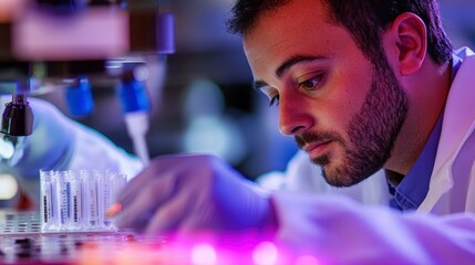 Close-up of a scientist analyzing data on a high-tech monitor, laboratory setting