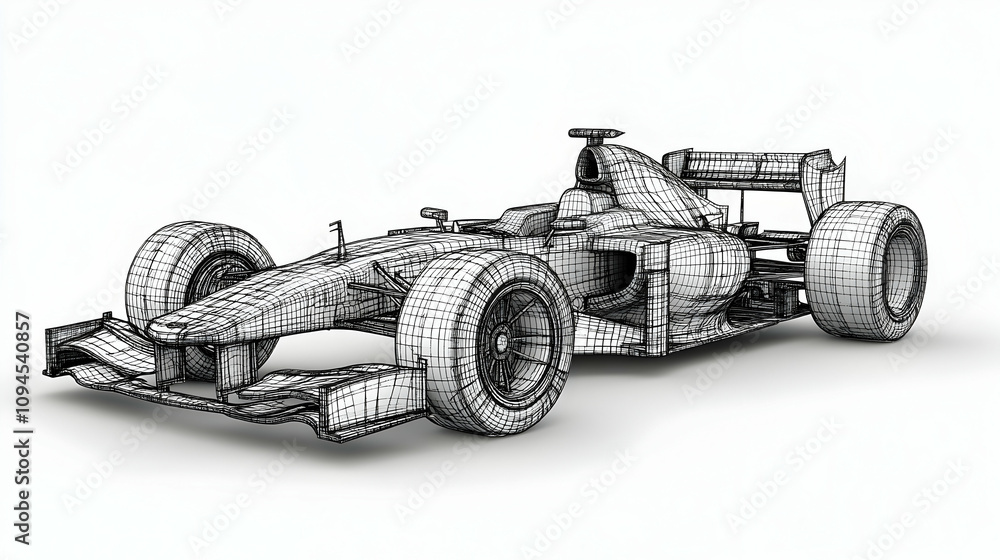 Poster 3d wireframe model of a formula race car, precisely rendered on a white background