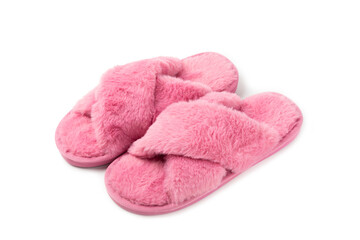 Soft slippers isolated on white background. Home slippers. Comfortable shoes for home. Foot care concept. Home comfort. Space for text. Copy space.