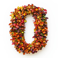 Number 0 made of fall leaves, flowers. berries. Vibrant autumn colours. White clean background. Generative AI