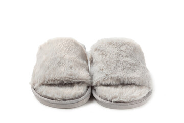 Soft slippers isolated on white background. Home slippers. Comfortable shoes for home. Foot care concept. Home comfort. Space for text. Copy space.