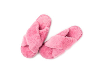 Soft slippers isolated on white background. Home slippers. Comfortable shoes for home. Foot care concept. Home comfort. Space for text. Copy space.