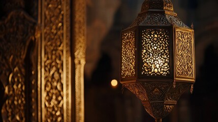 Close-up view of an Arabic lantern showcasing detailed craftsmanship and soft illumination