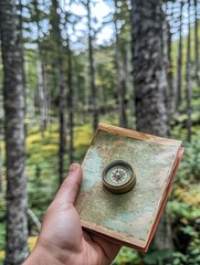 Naklejka premium Close-up of a hand holding a map or compass, forest in the background