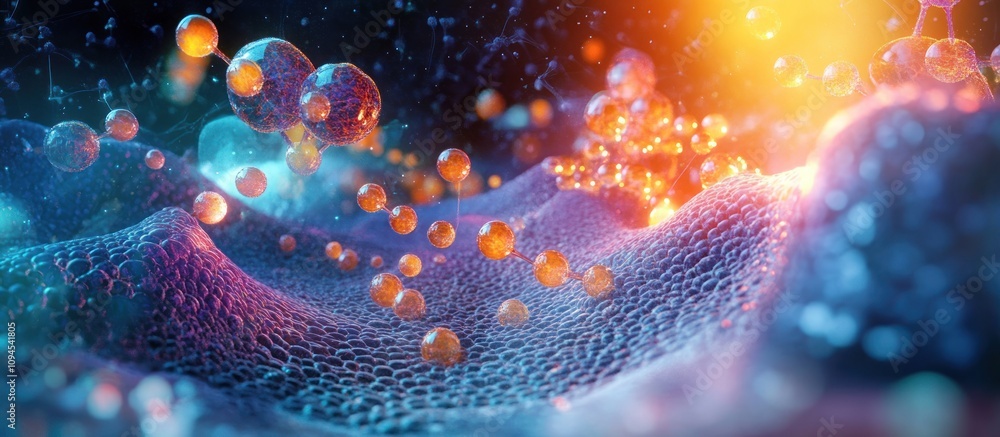Poster abstract vibrant spheres floating over a textured surface.