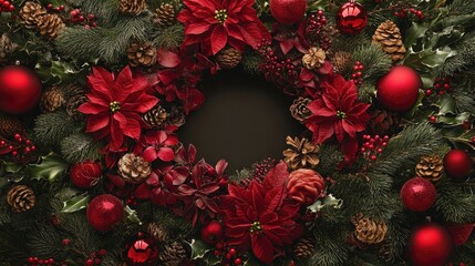 Vibrant Christmas wreath decorated with red flowers, ornaments, pinecones, and greenery, featuring a blank area for personalized holiday messages.